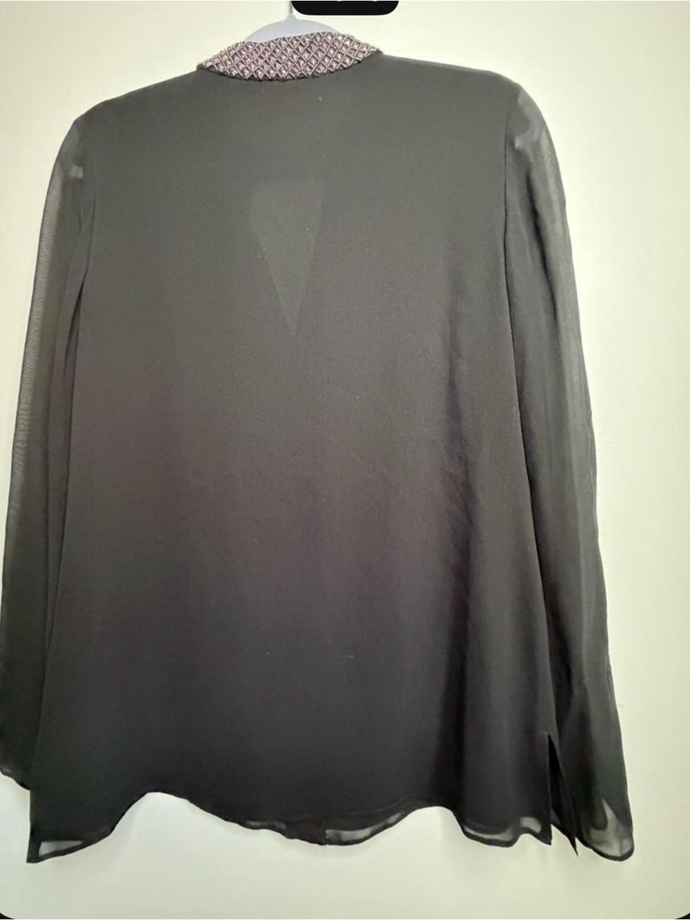 Tory Burch Black Sheer Long-Sleeve Blouse with Patterned Collar